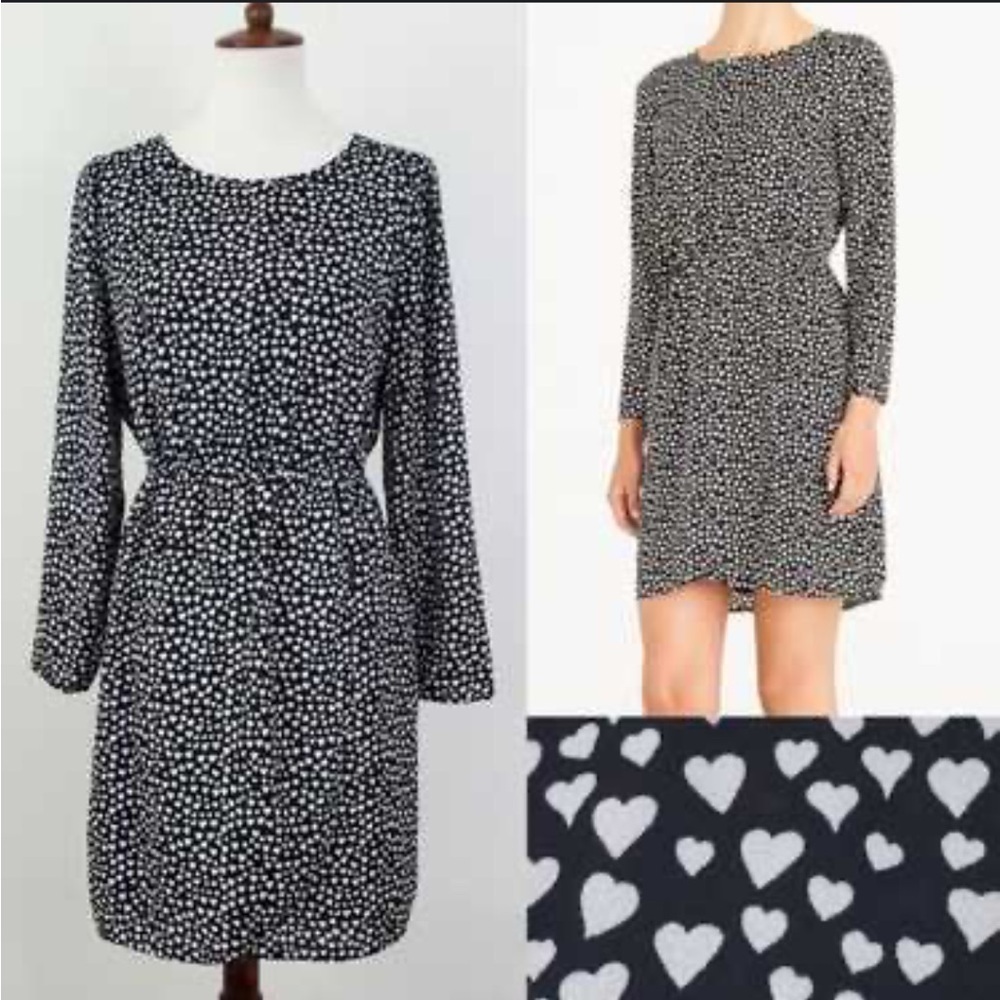 J. CREW Black White Heart Midi Mini Dress Long Sleeve Mercantile‎ Size 8 Holiday